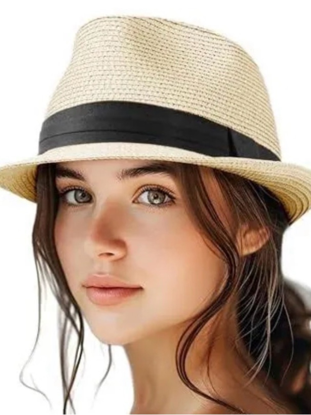 Straw two tone Fedora Hat with Black/tan Band - Women's Sun Hat